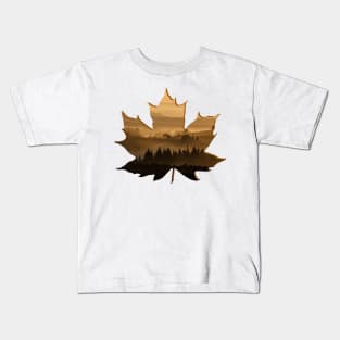 Maple Leaf Silhouette Lanscape Foggy Forest Kids T-Shirt